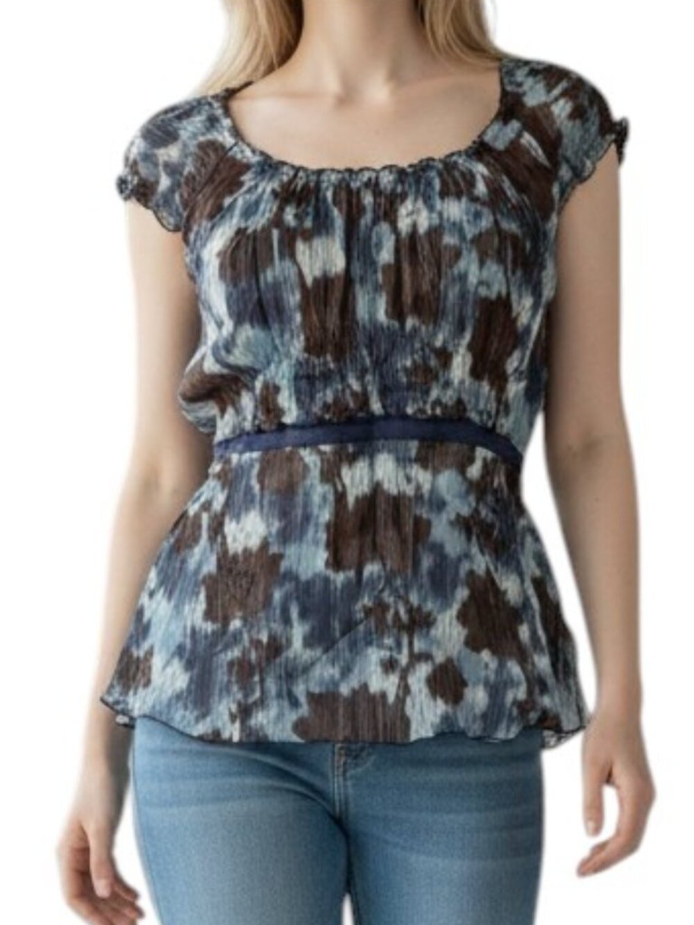 BCBGMAXAZRIA Abstract Print Silk Top, Blue & Brown M